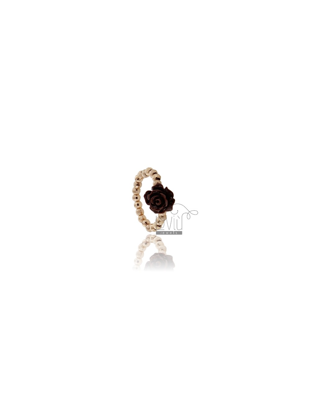 zaad binnenvallen spoelen Elastischer ring mit diamantkugeln 3 mm aus ag rosvergoldeter größe mit  zentraler rose aus braunem harz